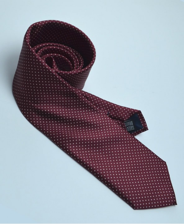 Fine Silk Spotted Tie with White Pin Dots on Wine Red